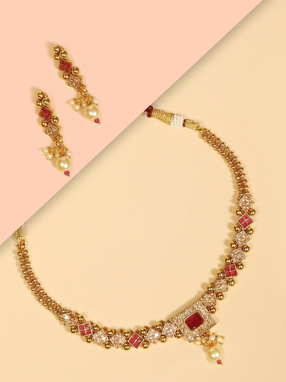 Women's Ruby Stones Pearls Beads Gold Plated Jewellery Set - Priyaasi
