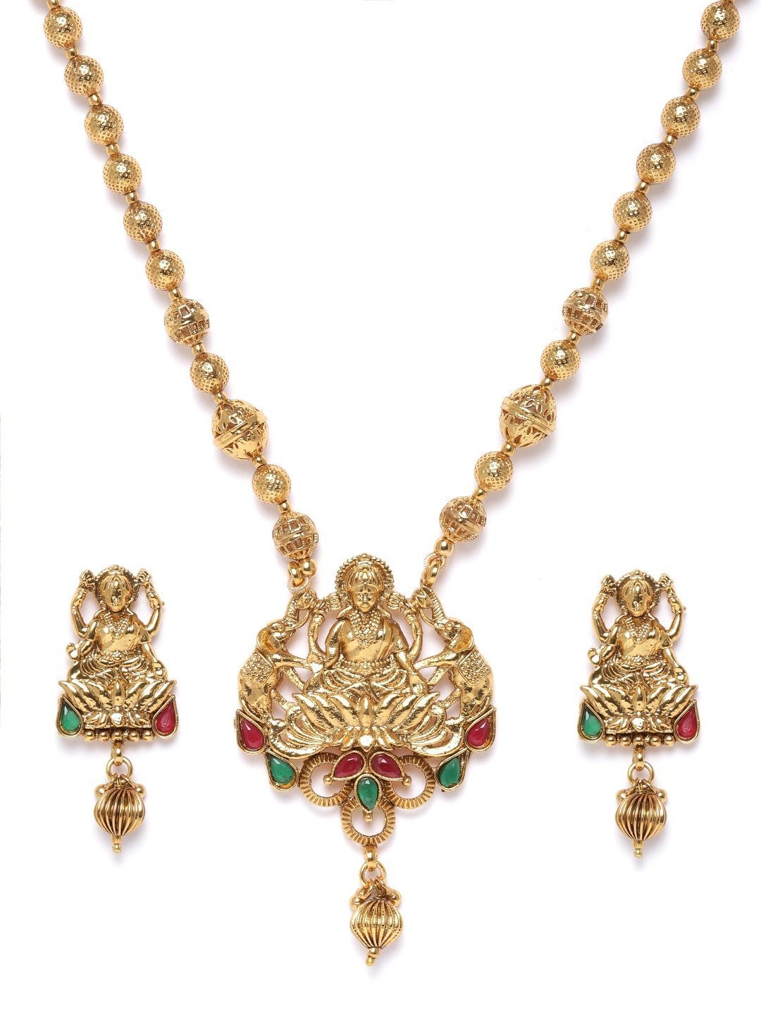 Women's Ruby Emerald Beads Gold Plated Temple Jewellery Set - Priyaasi
