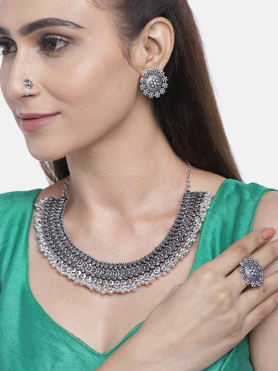Women's German Silver Oxidised Ghungroo Jewellery Set With Ring & Nosepin - Priyaasi