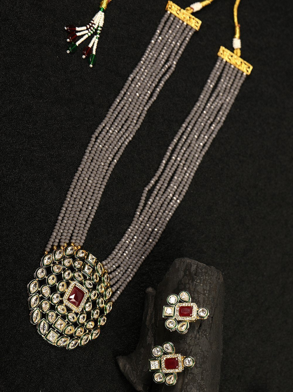 Women's Grey Beads Kundan Ruby Gold Plated Ranihaar Jewellery Set - Priyaasi