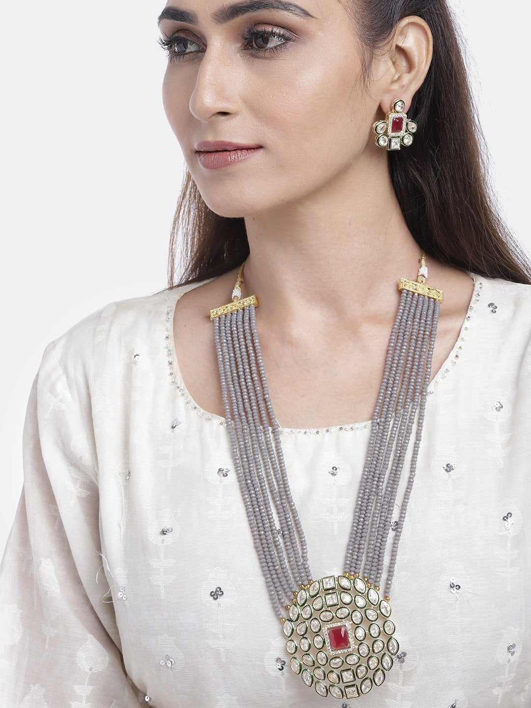 Women's Grey Beads Kundan Ruby Gold Plated Ranihaar Jewellery Set - Priyaasi