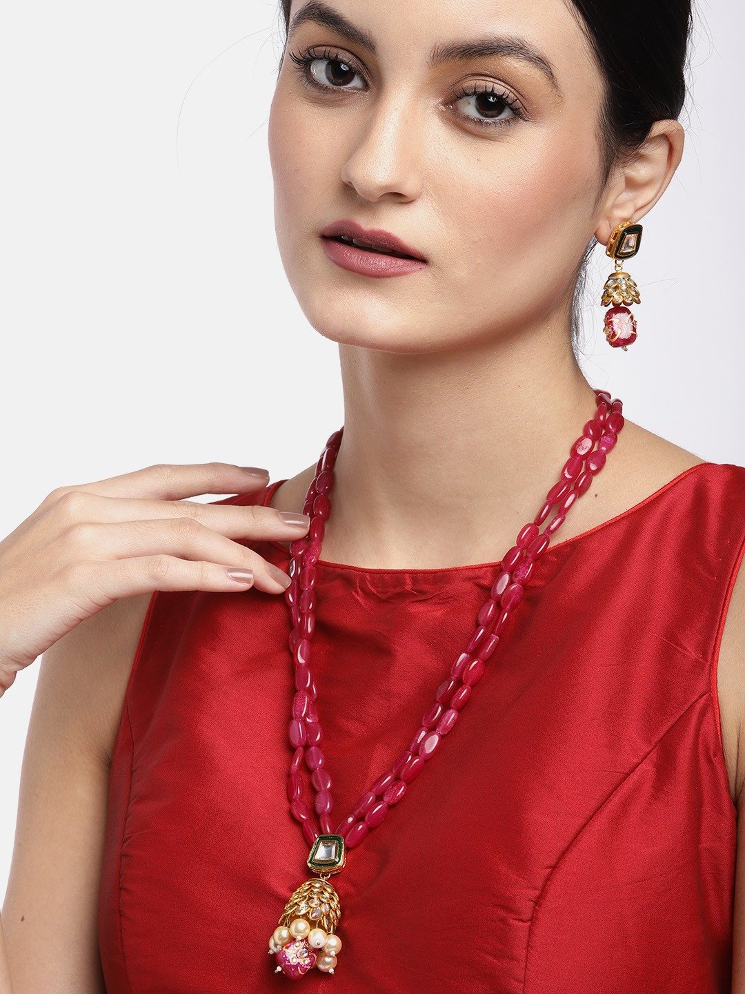 Women's Pearls Ruby Beads Gold Plated Jewellery Set - Priyaasi