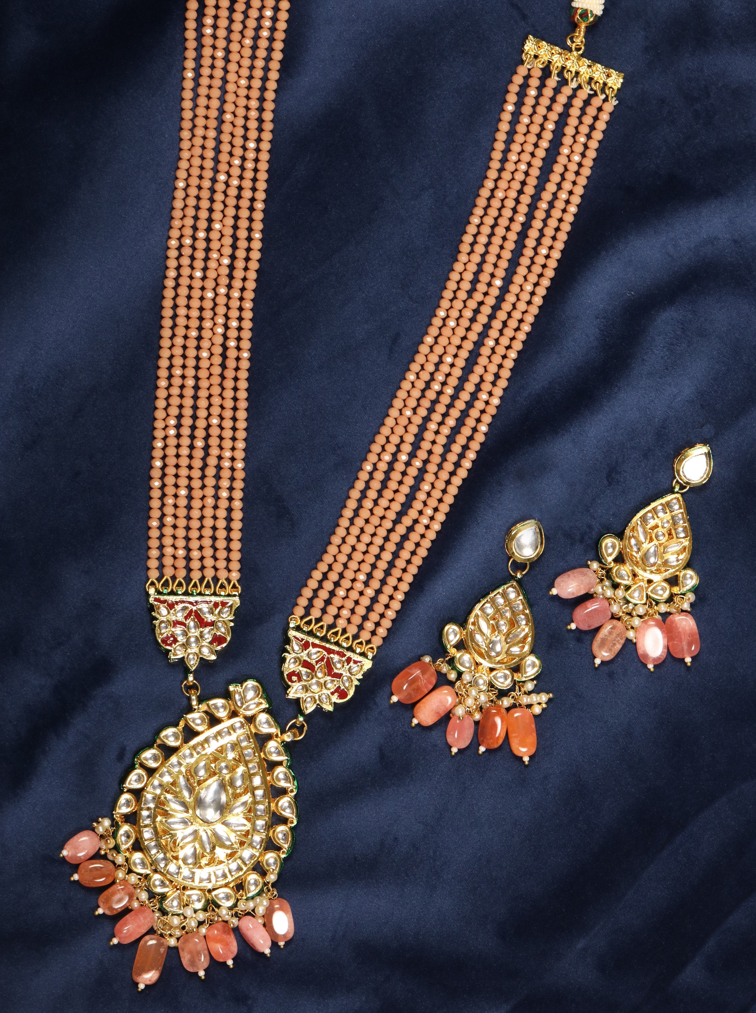 Women's Peach Beads Kundan Stones Ranihar Jewellery Set - Priyaasi