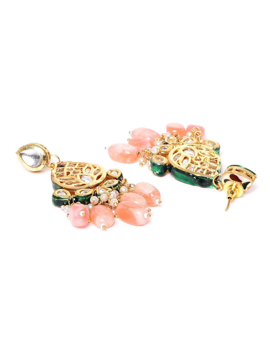 Women's Peach Beads Kundan Stones Ranihar Jewellery Set - Priyaasi