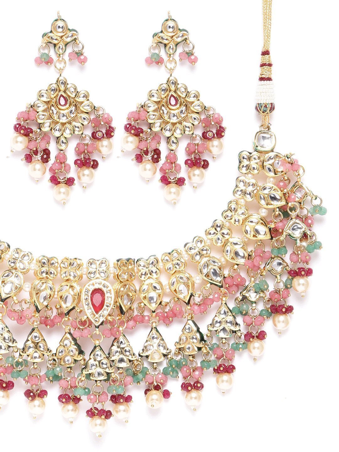 Women's Multicolor Stones Kundan Beads Pearls Gold Plated Jewellery Set - Priyaasi