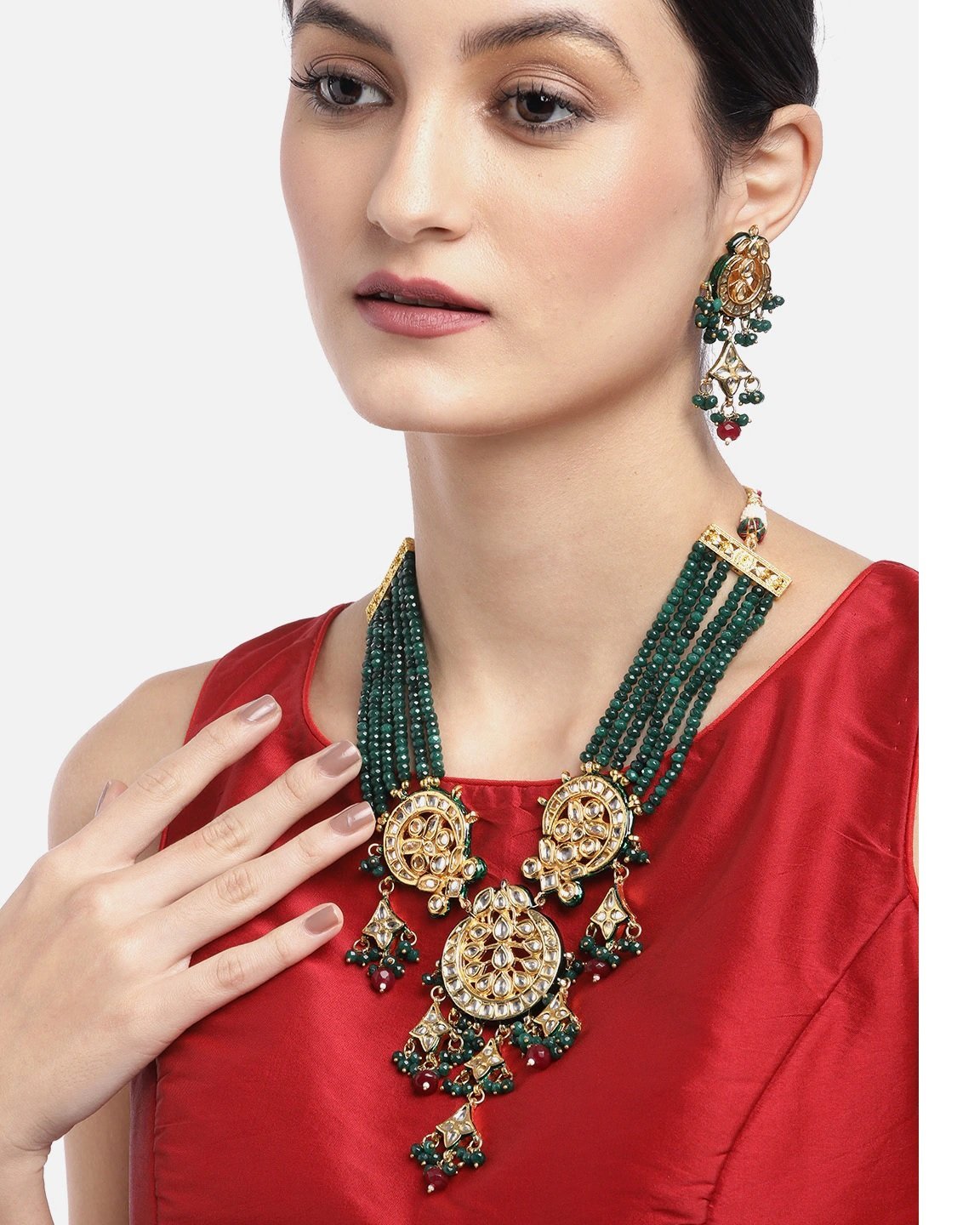 Women's Green & Red Beads Kundan Gold Plated Jewellery Set - Priyaasi