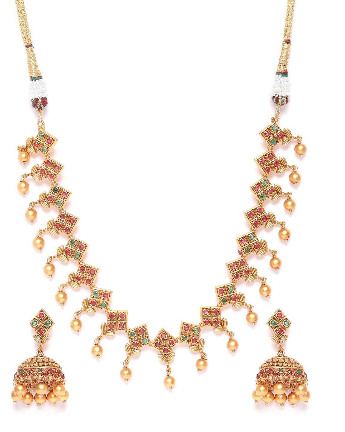Women's Ruby Emerald Pearls Square Leaf Jewellery Set - Priyaasi