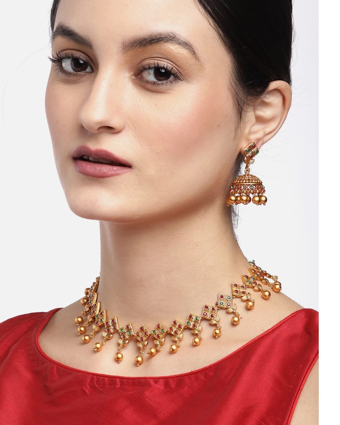 Women's Ruby Emerald Pearls Square Leaf Jewellery Set - Priyaasi