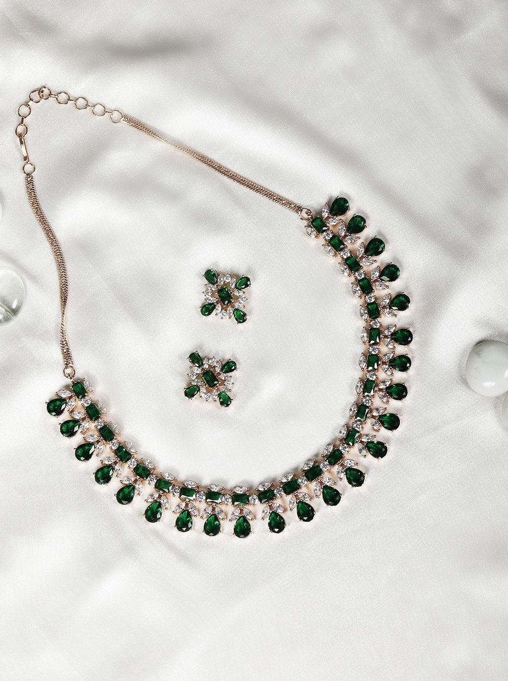 Women's Emerald American Diamond Rose Gold Plated Floral Jewellery Set - Priyaasi