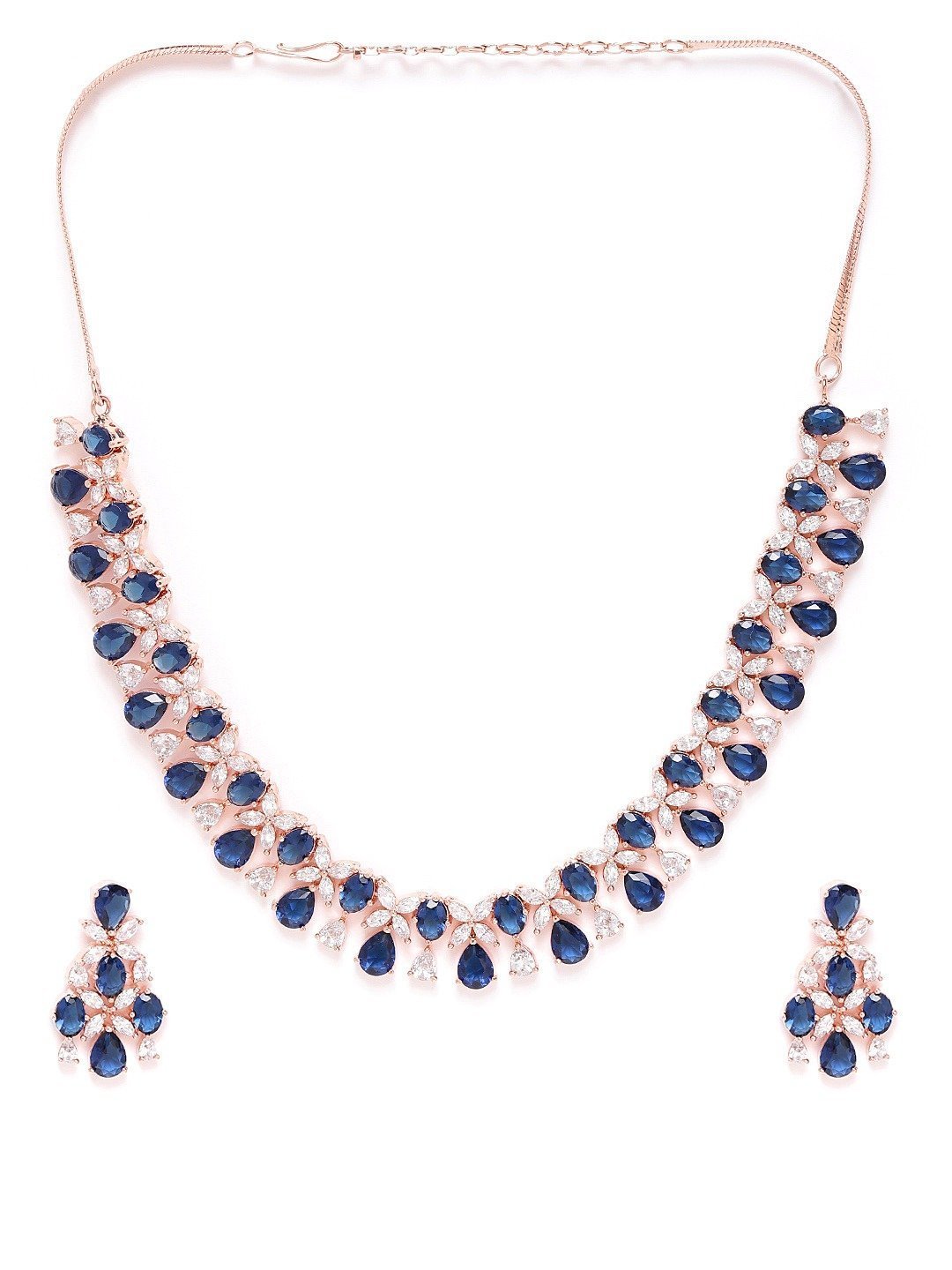 Women's Blue American Diamond Rose Gold Plated Floral Jewellery Set - Priyaasi