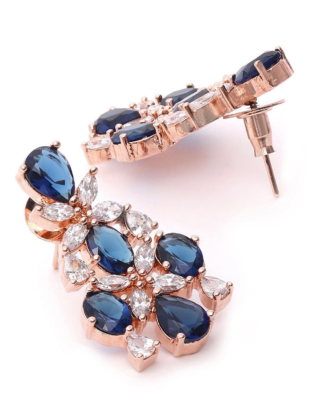 Women's Blue American Diamond Rose Gold Plated Floral Jewellery Set - Priyaasi