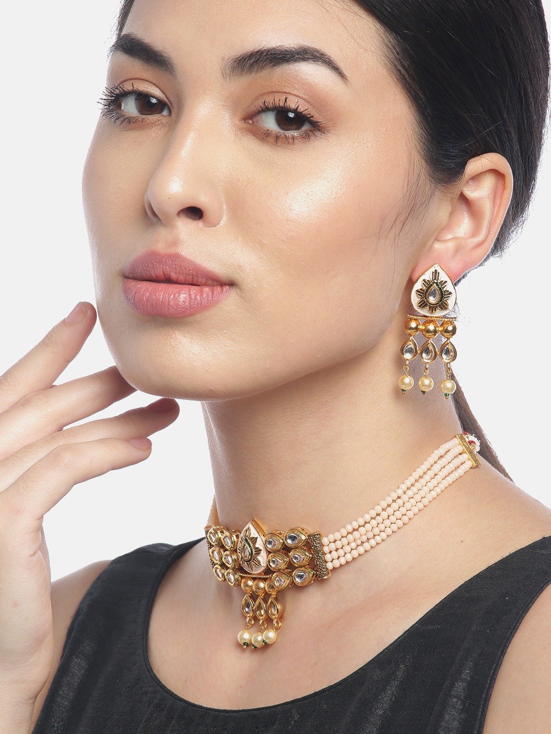Women's Peach Beads Pearls Kundan Gold Plated Choker - Priyaasi