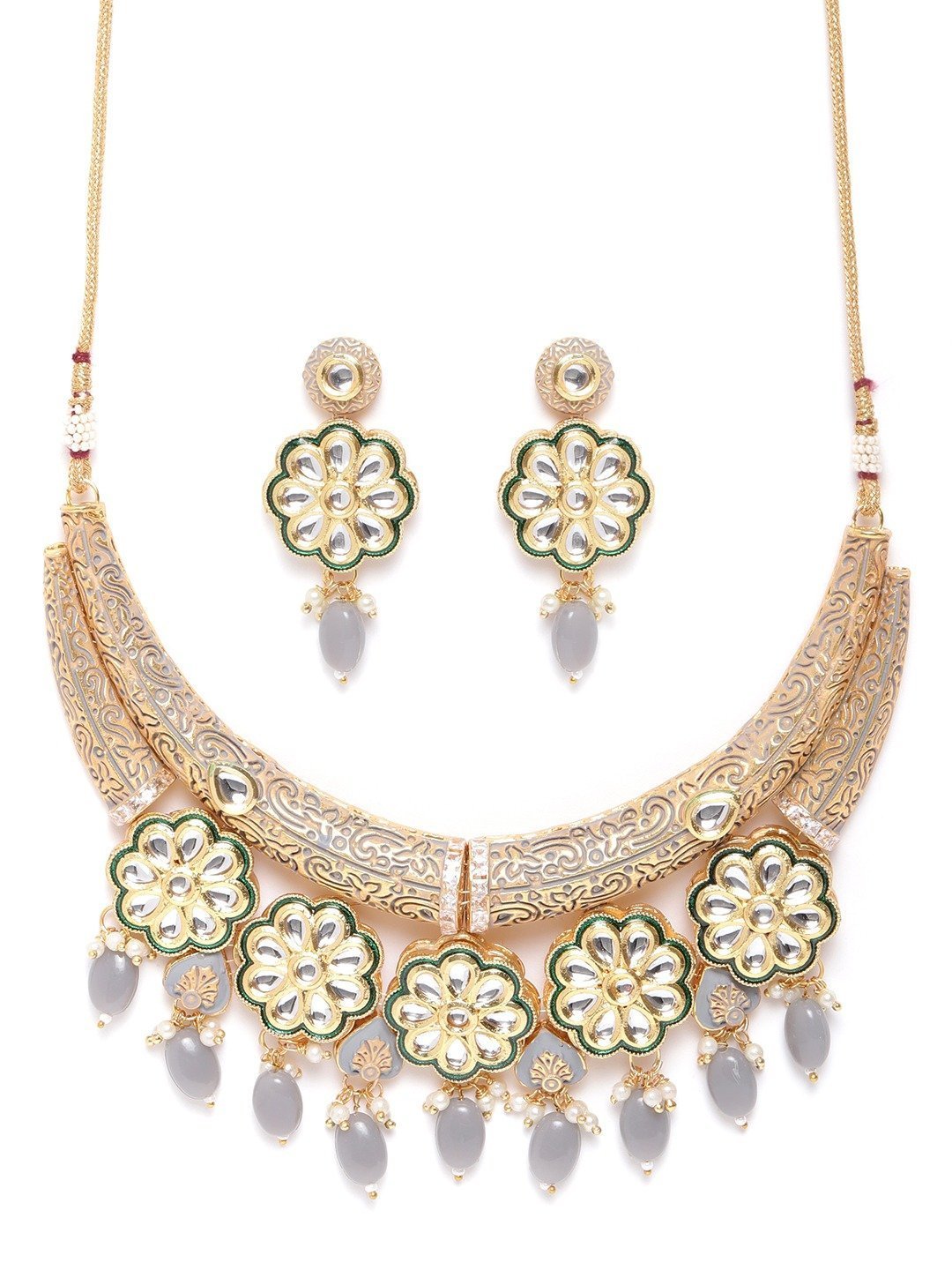 Women's Grey Pearls Kundan Gold Plated Meenakari Jewellery Set - Priyaasi