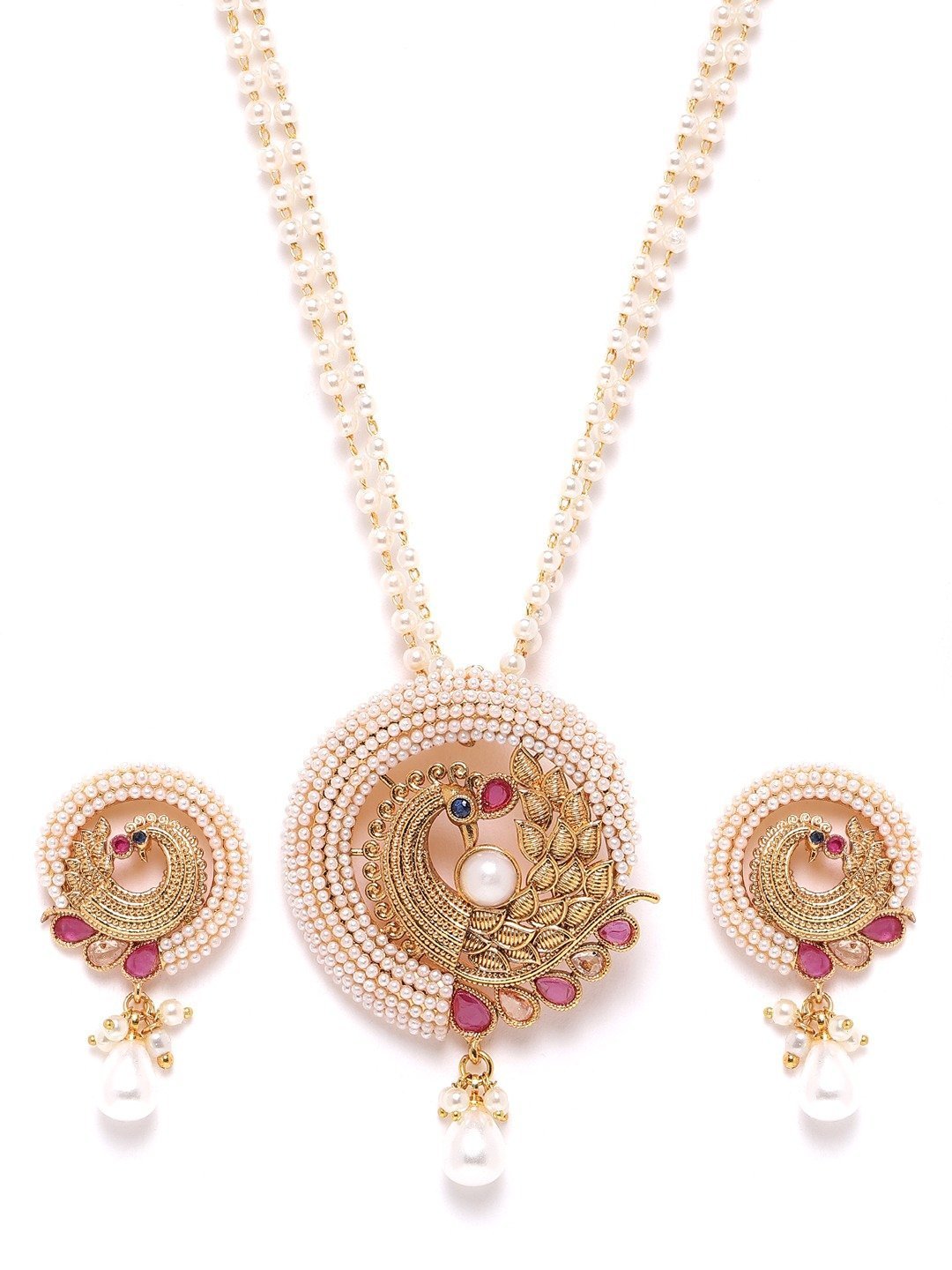 Women's Ruby Beads Pearls Gold Plated Peacock Jewellery Set - Priyaasi