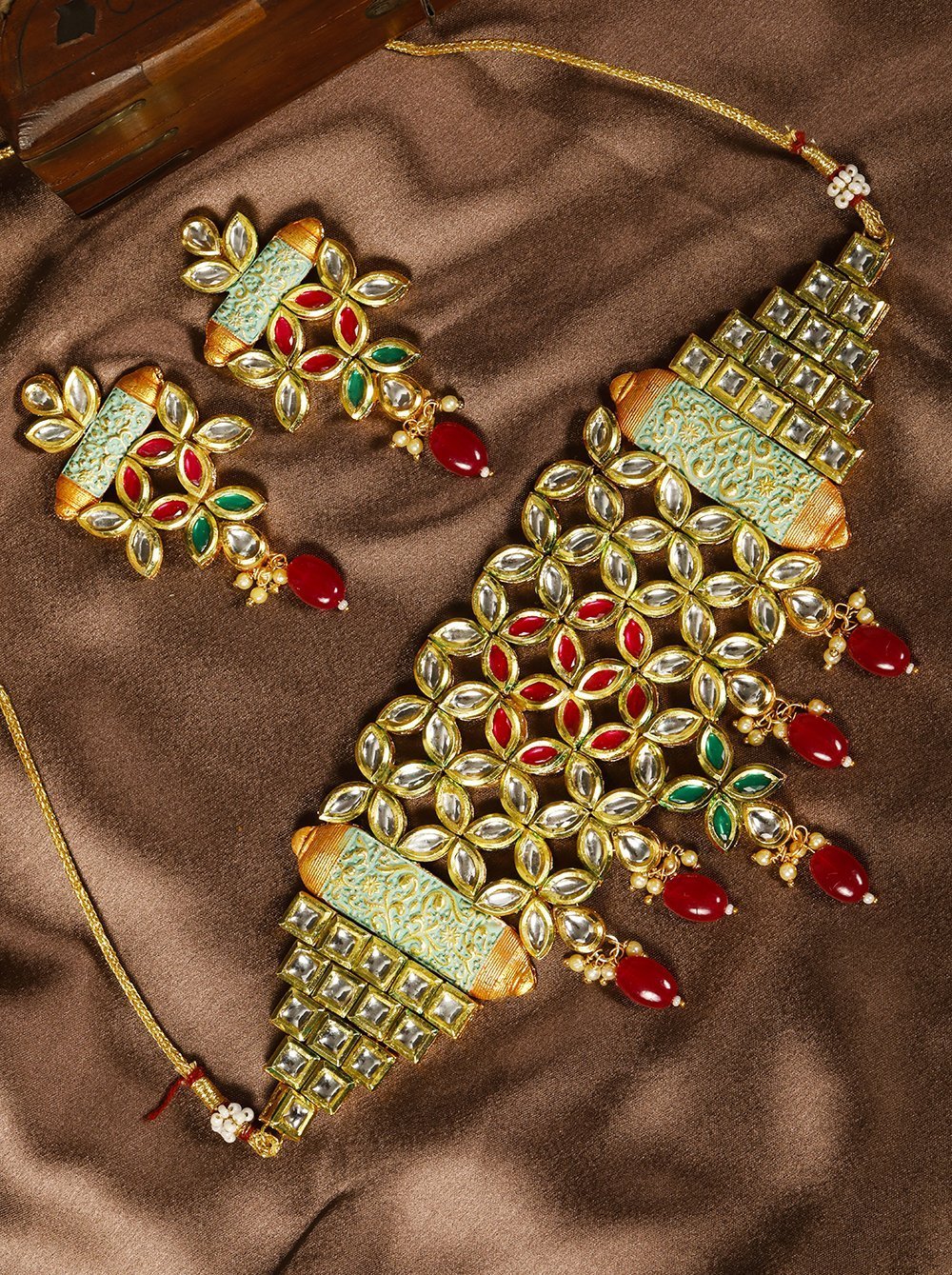 Women's Mint Green Kundan Ruby Gold Plated Meenakari Choker - Priyaasi