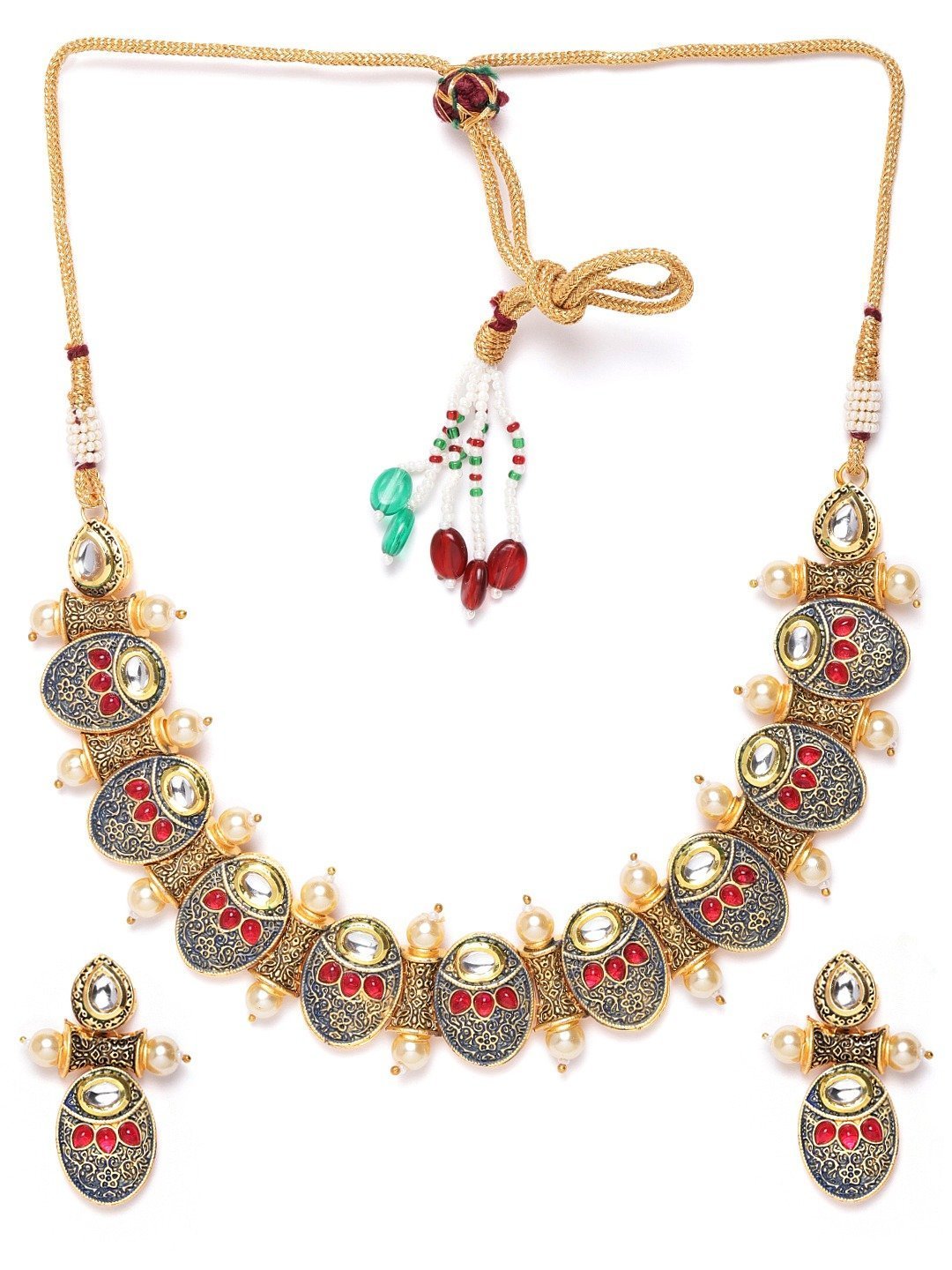 Women's Blue Kundan Ruby Pearls Meenakari Jewellery Set - Priyaasi