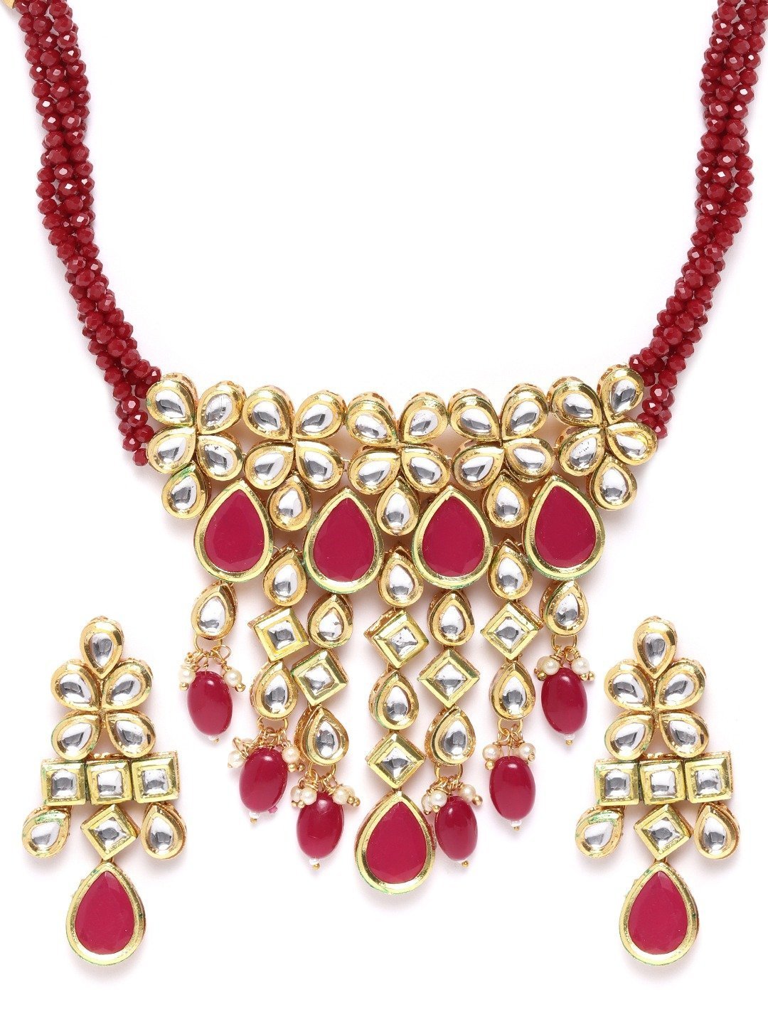Women's Red Beads Kundan Ruby Gold Plated Jewellery Set - Priyaasi