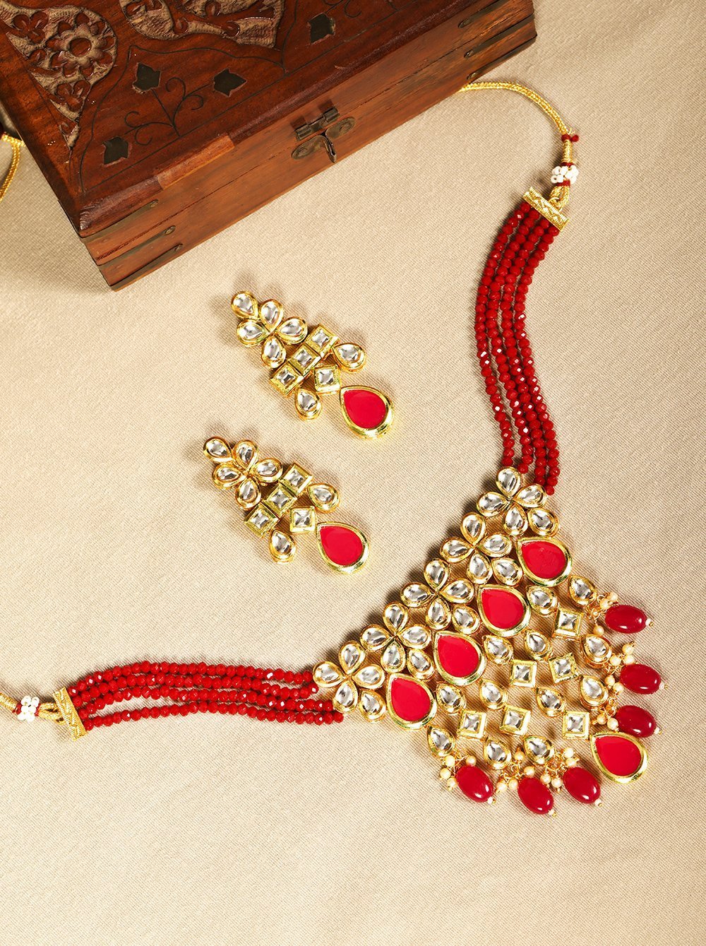 Women's Red Beads Kundan Ruby Gold Plated Jewellery Set - Priyaasi