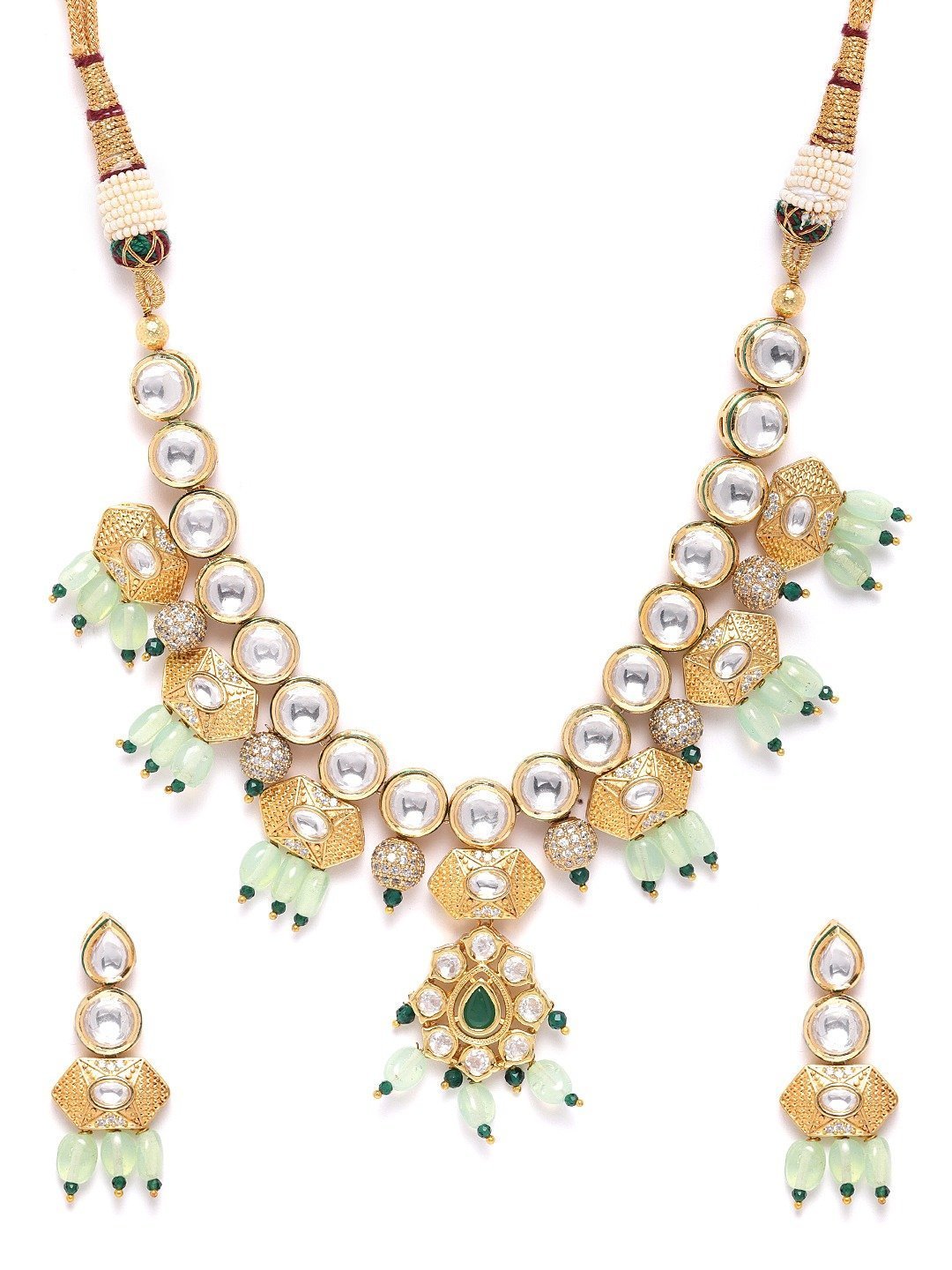 Women's Mint Green Pearls Kundan Gold Plated Jewellery Set - Priyaasi