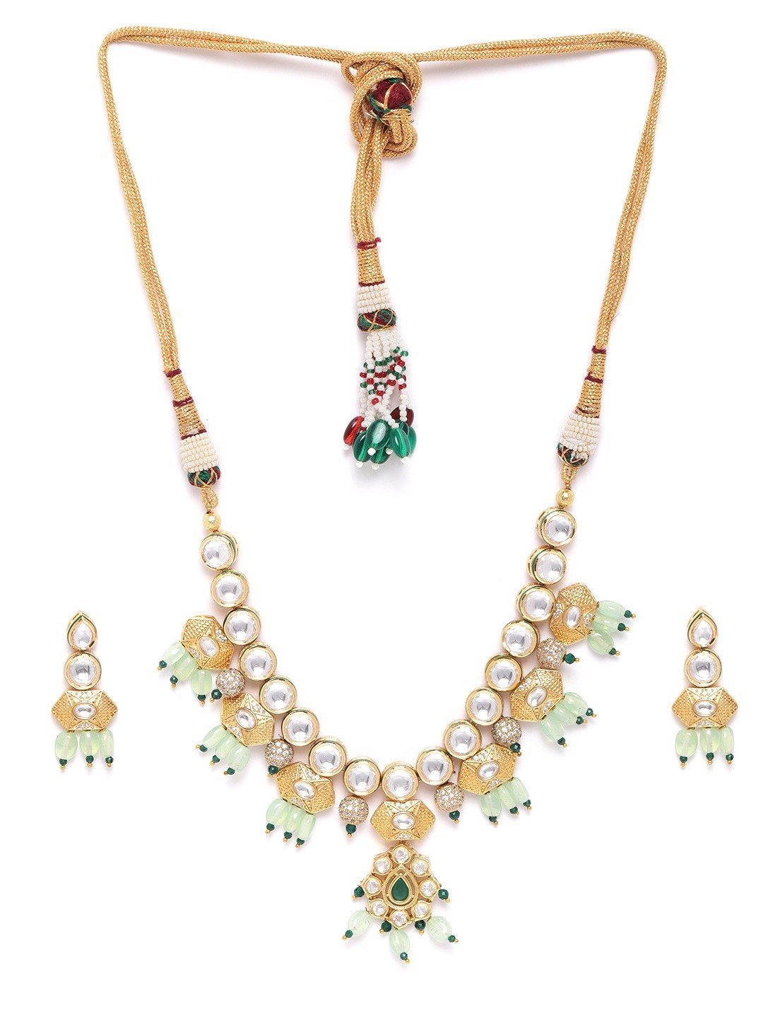 Women's Mint Green Pearls Kundan Gold Plated Jewellery Set - Priyaasi