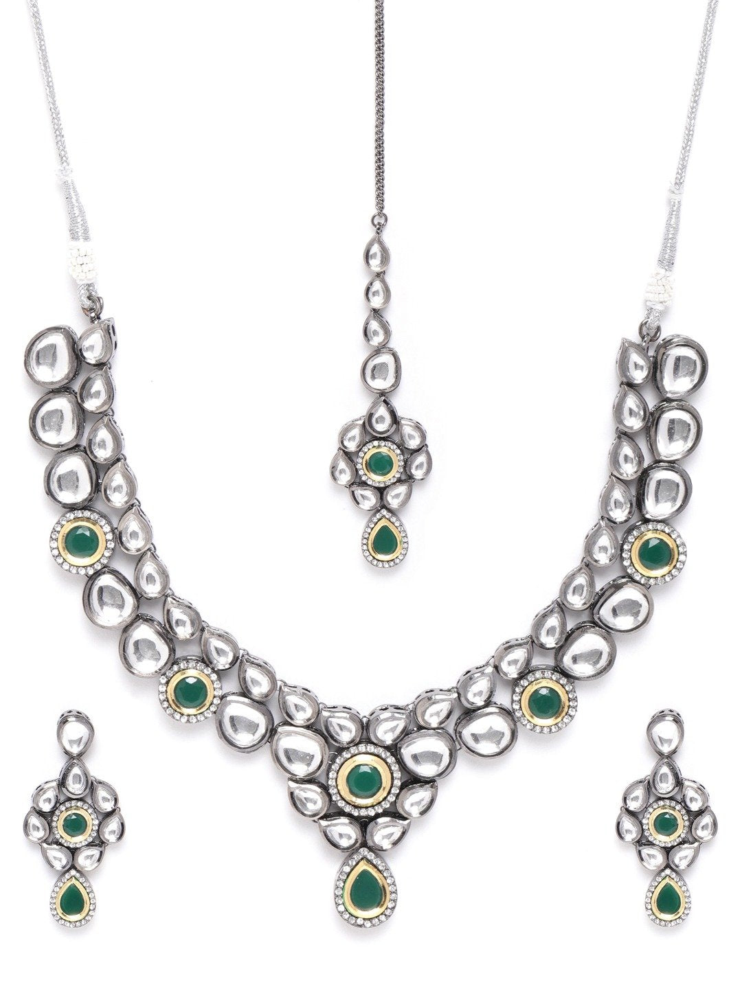Women's  Black Kundan Emerald Stones Jewellery Set - Priyaasi