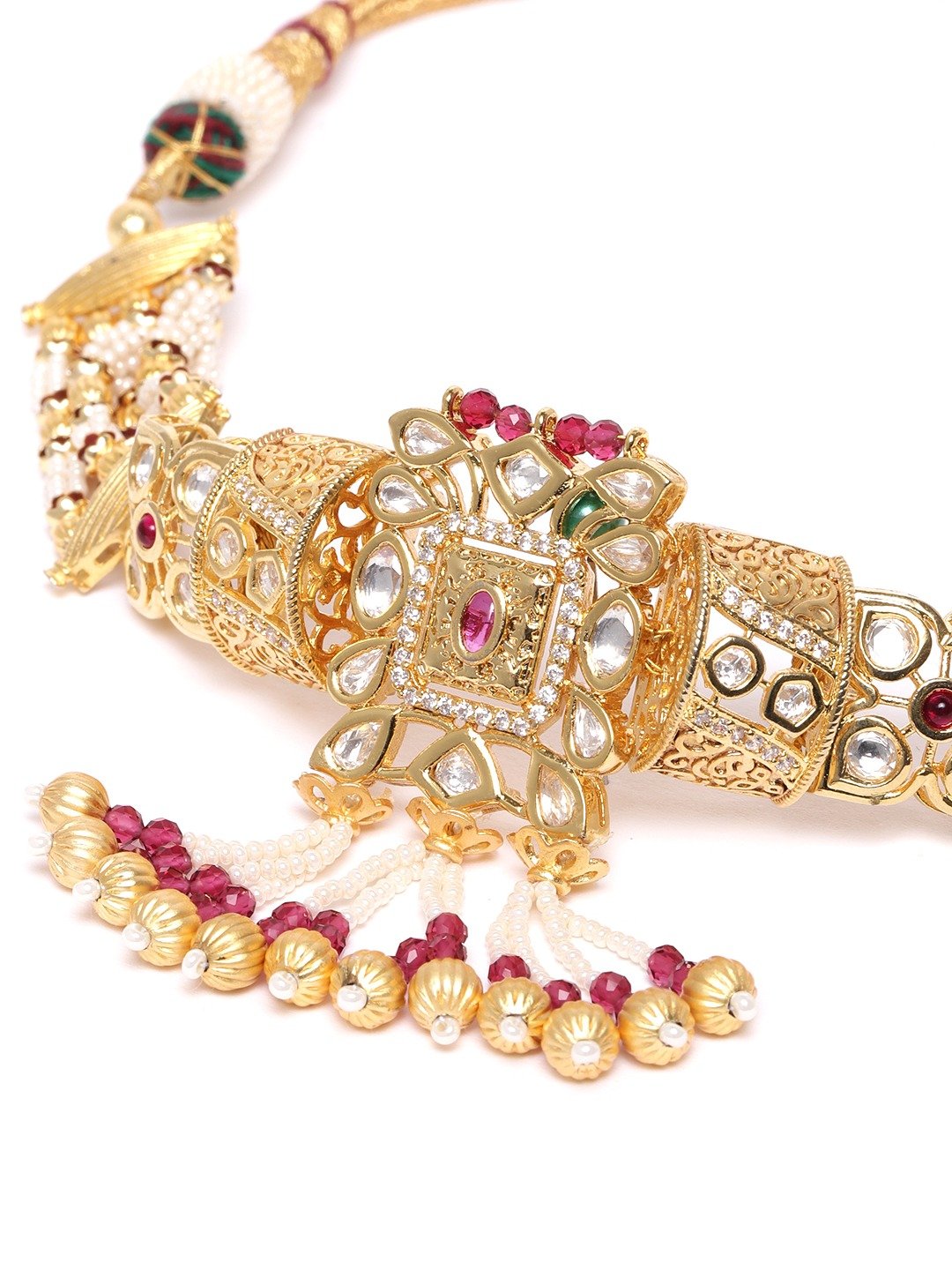 Women's Red White Beads Kundan Gold Plated Jewellery Set - Priyaasi