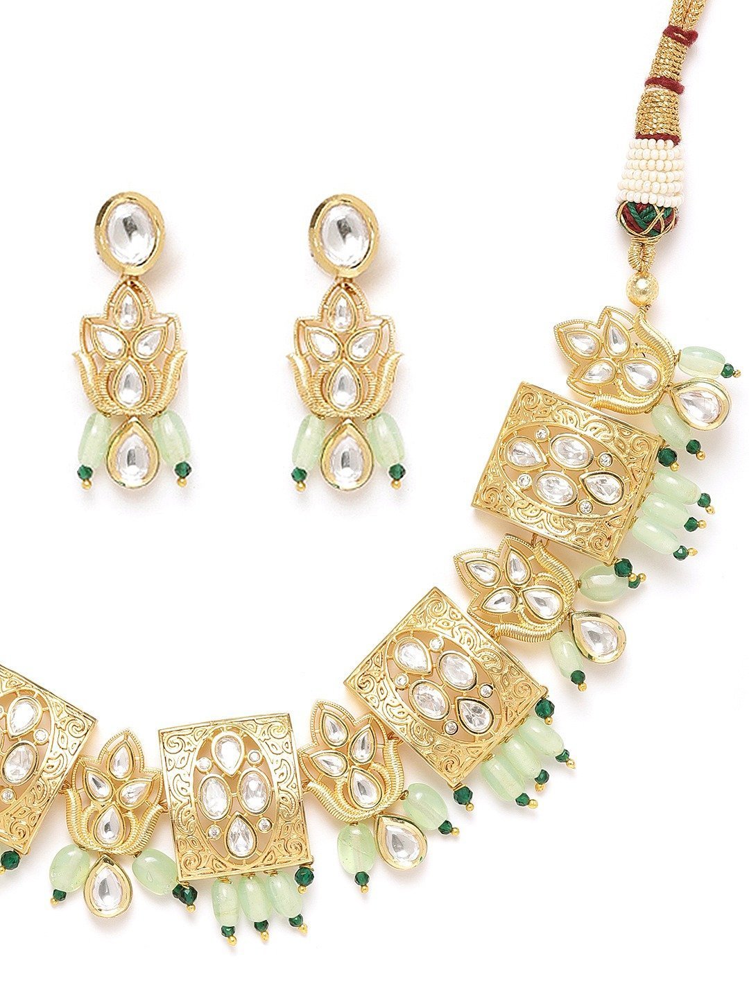 Women's Mint Green Beads Kundan Gold Plated Jewellery Set - Priyaasi