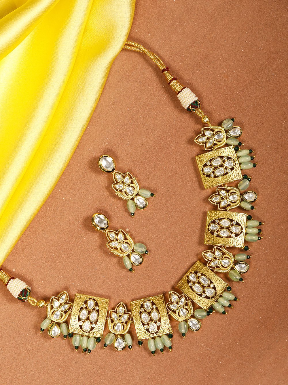 Women's Mint Green Beads Kundan Gold Plated Jewellery Set - Priyaasi
