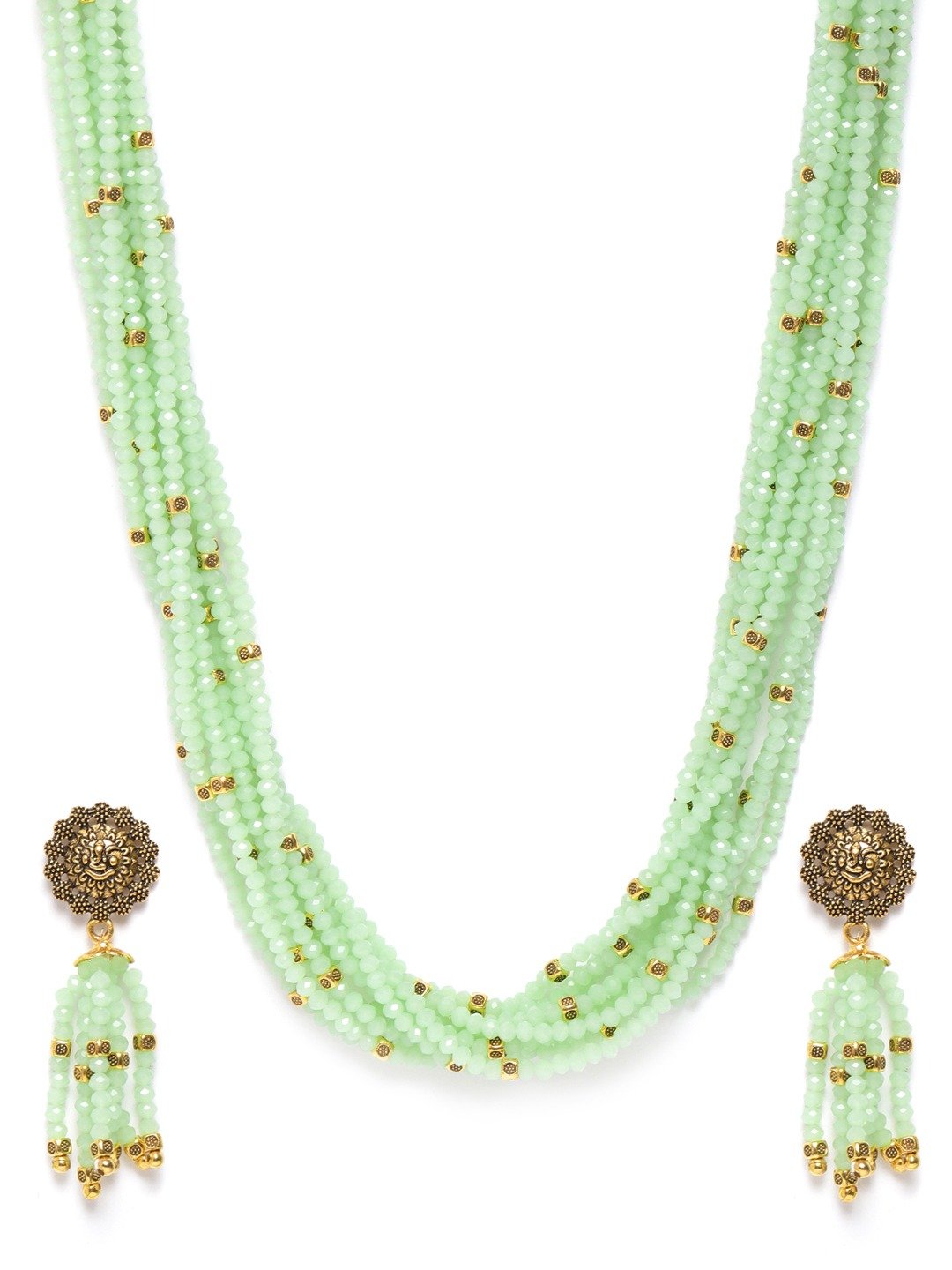 Women's Green Beads Gold Plated Ranihaar Jewellery Set - Priyaasi