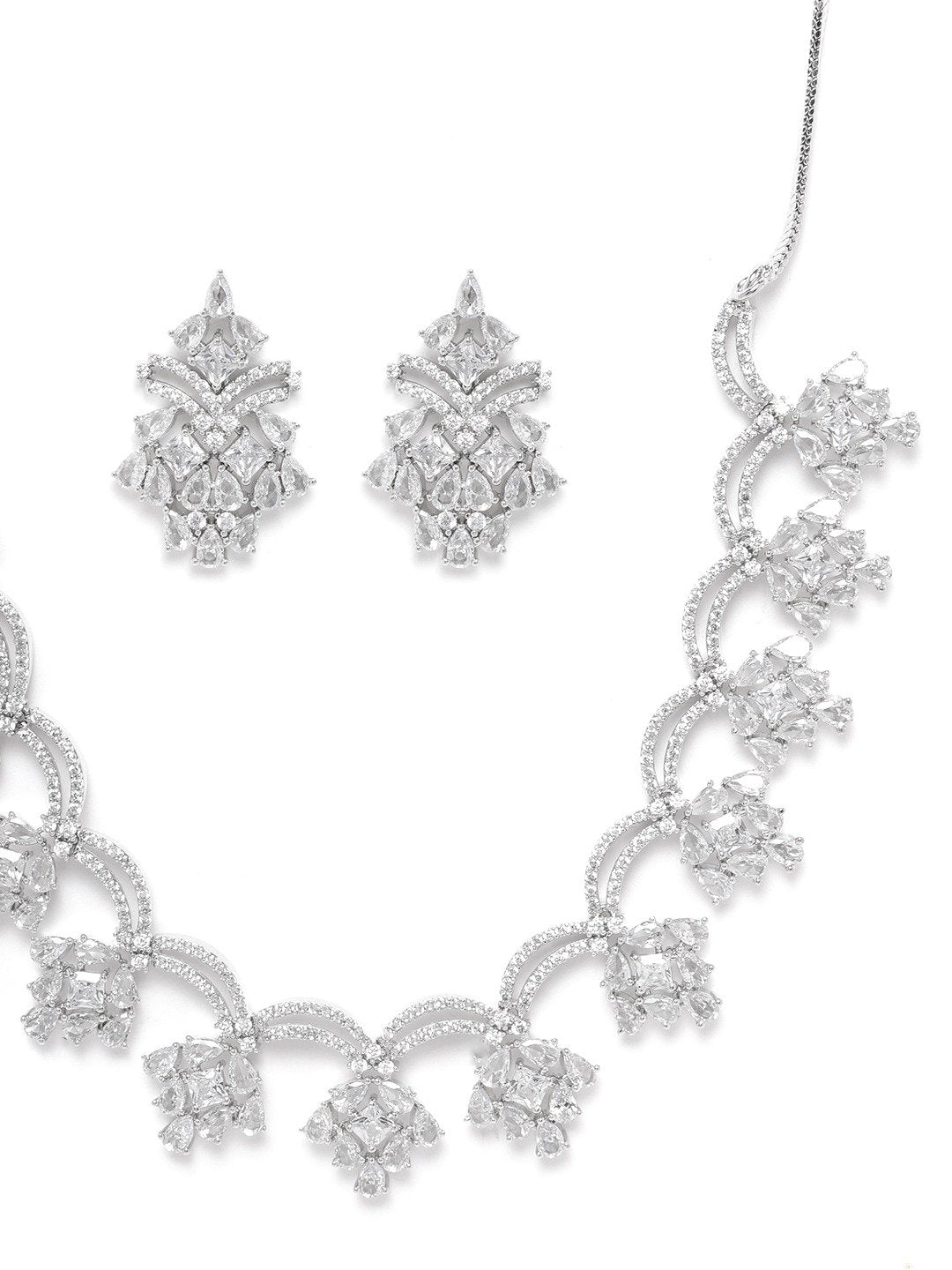 Women's  Spellbound-American Diamond Silver Plated Floral Jewellery Set - Priyaasi