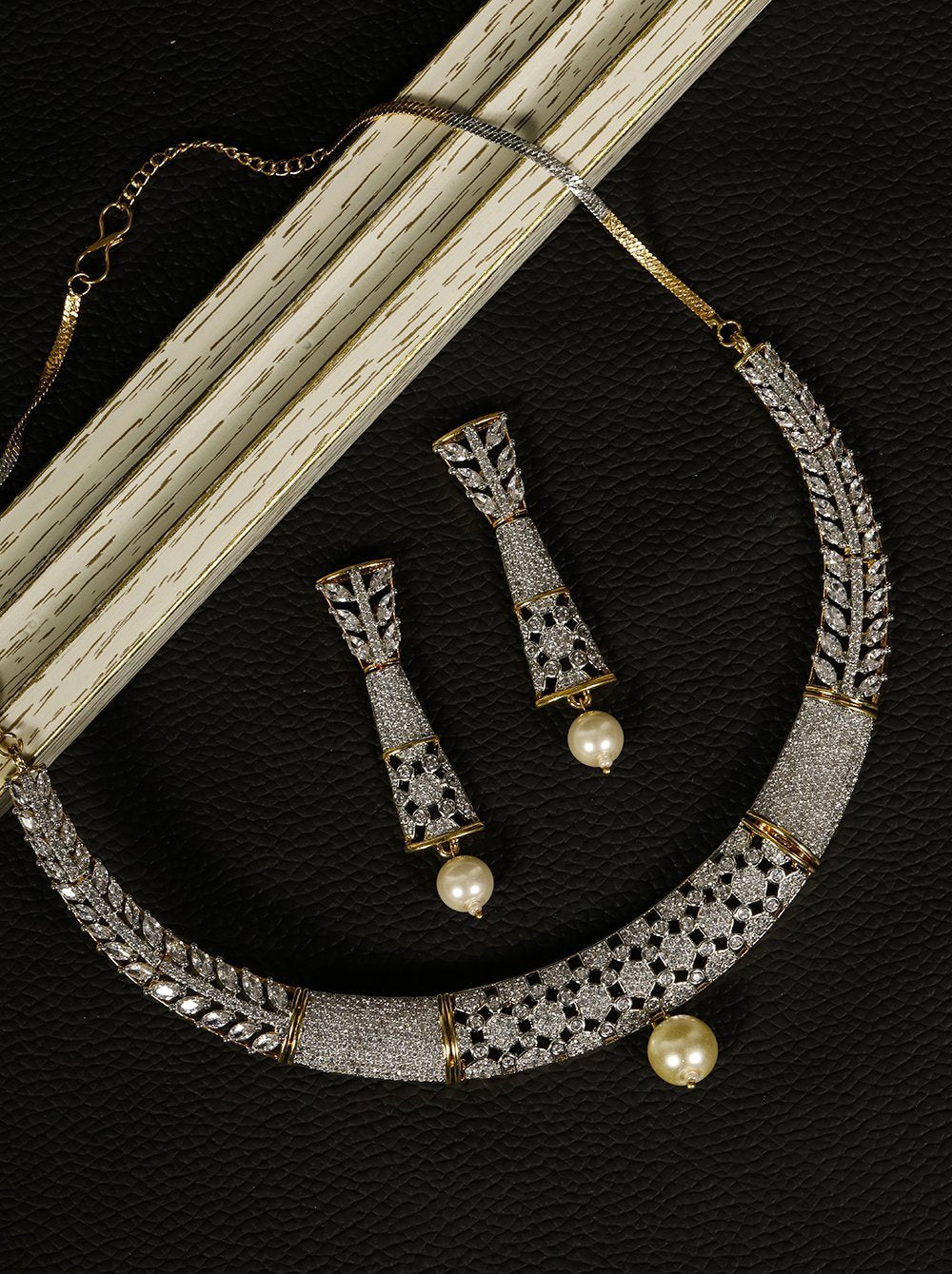 Women's Pearls American Diamond Gold Pated Jewellery Set - Priyaasi