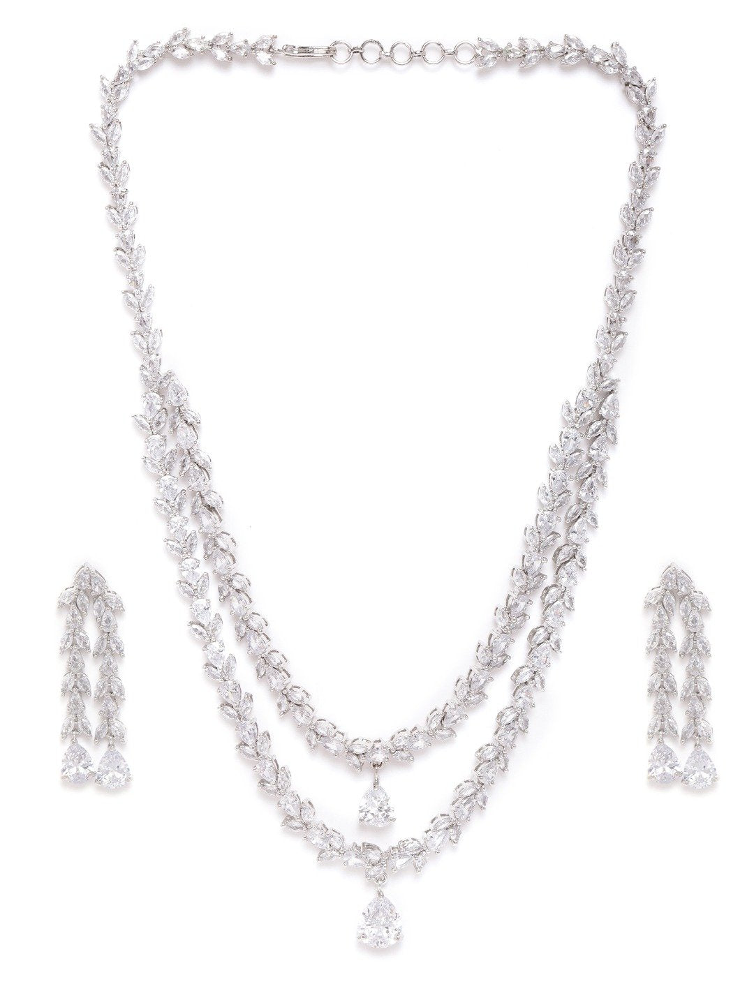 Women's  Eternal Moondust - American Diamond Silver Plated Leaf Layered Jewellery Set - Priyaasi