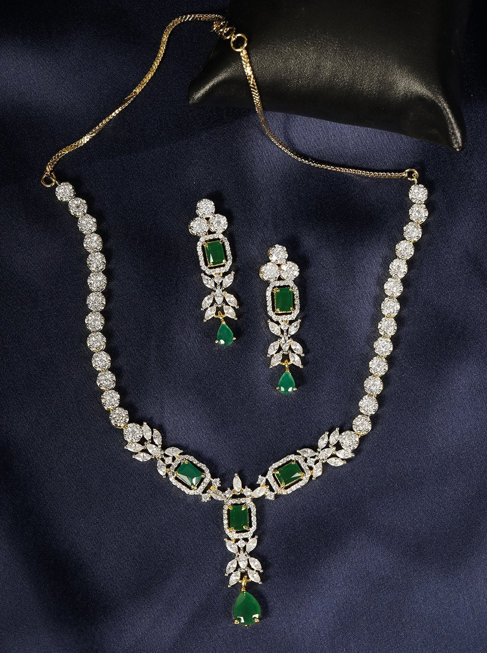 Women's Emerald American Diamond Gold Plated Jewwllery Set - Priyaasi