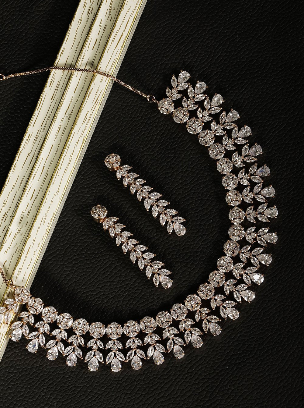 Women's  Leaf Elegance - American Diamond Rose Gold Plated Jewellery Set - Priyaasi