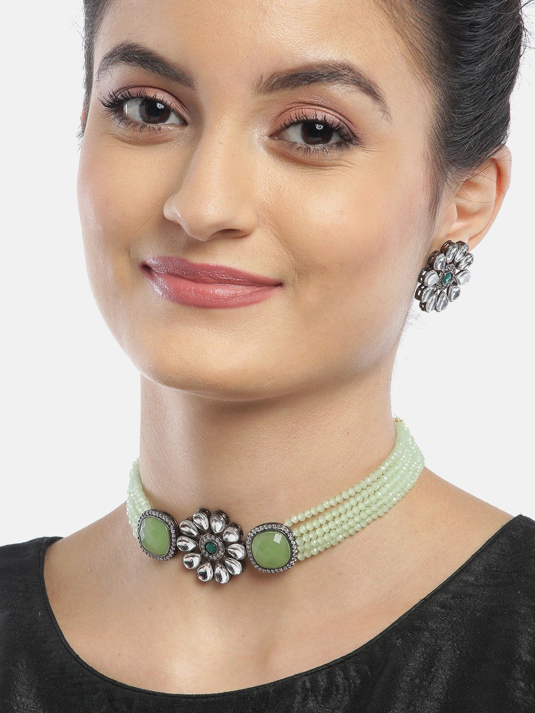 Women's Mint Green Beads Kundan Stones Floral Choker - Priyaasi