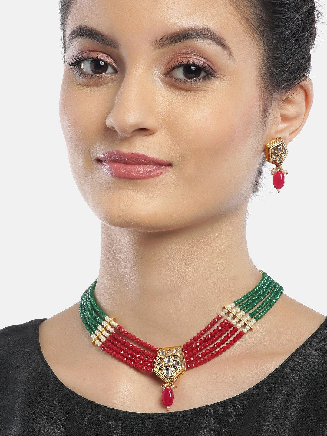 Women's Multi-Color Kundan Ruby Beads Gold Plated Jewellery Set - Priyaasi
