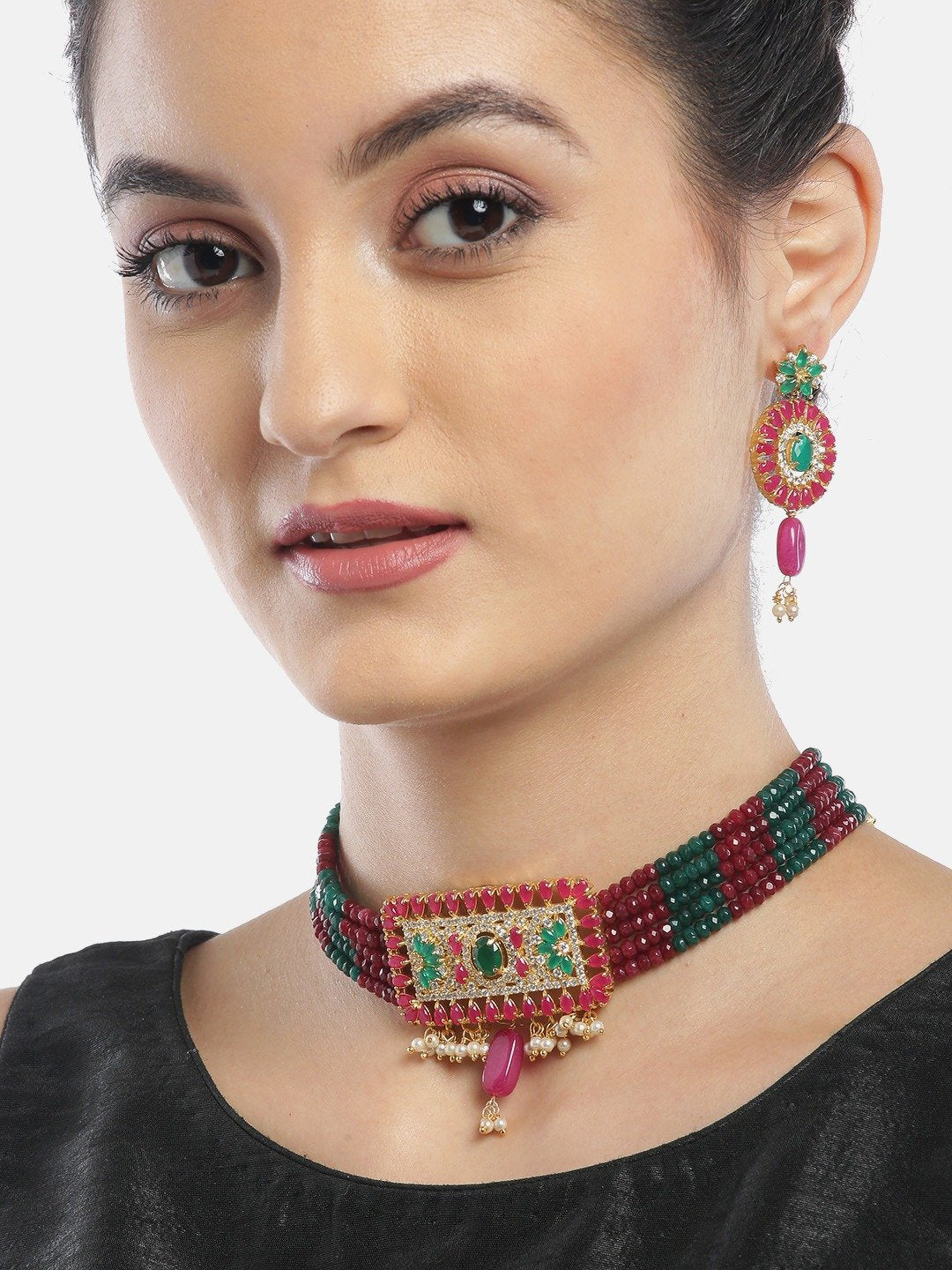 Women's Red Green Beads Ruby Gold Plated Choker - Priyaasi