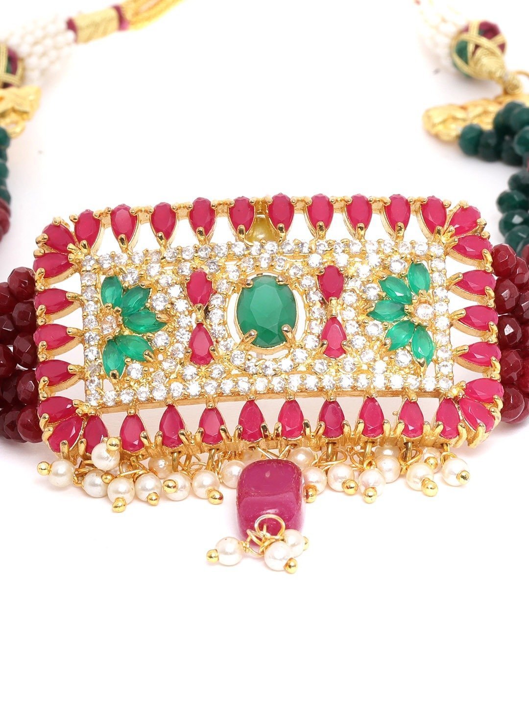 Women's Red Green Beads Ruby Gold Plated Choker - Priyaasi
