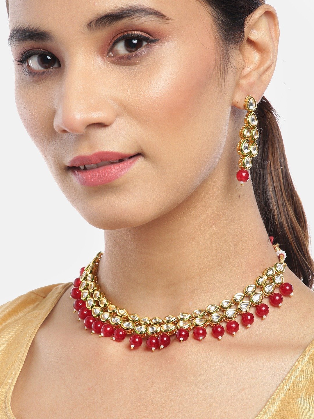 Women's Maroon Pearls Kundan Gold Plated Jewellery Set - Priyaasi