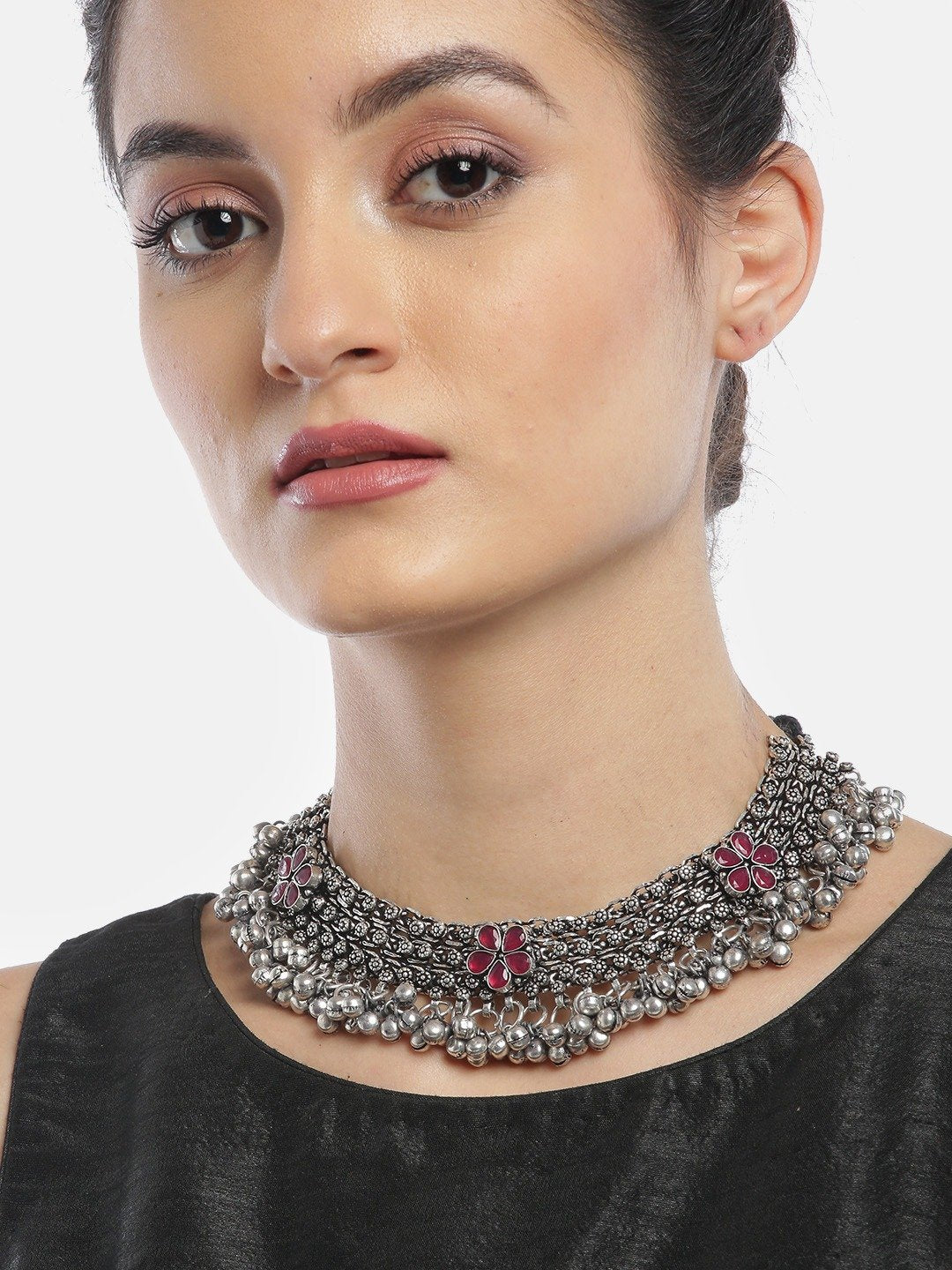 Women's Ruby German Silver Oxidised Ghungroo Necklace - Priyaasi