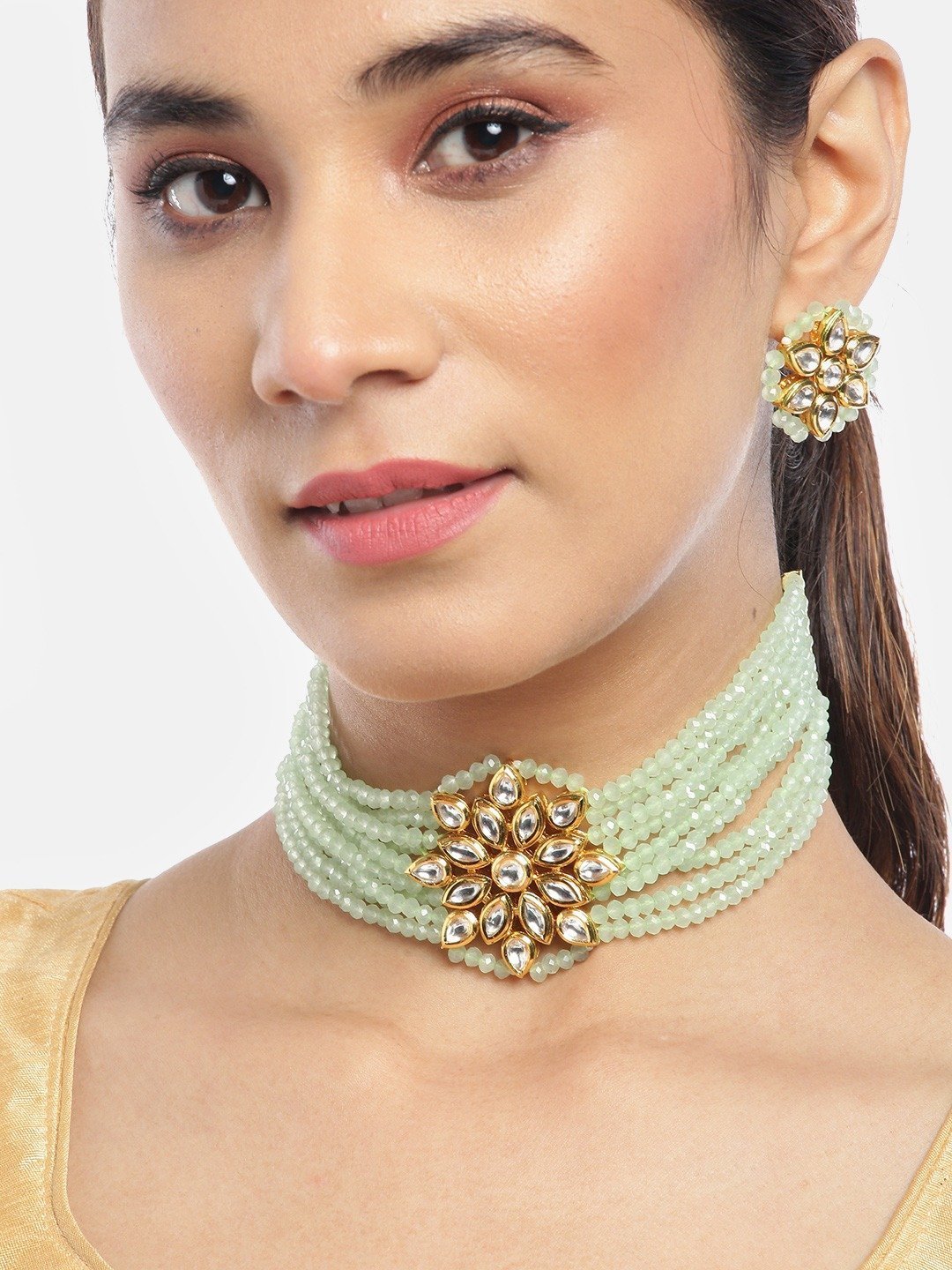 Women's Mint Green Kundan Beaded Gold Plated Choker - Priyaasi