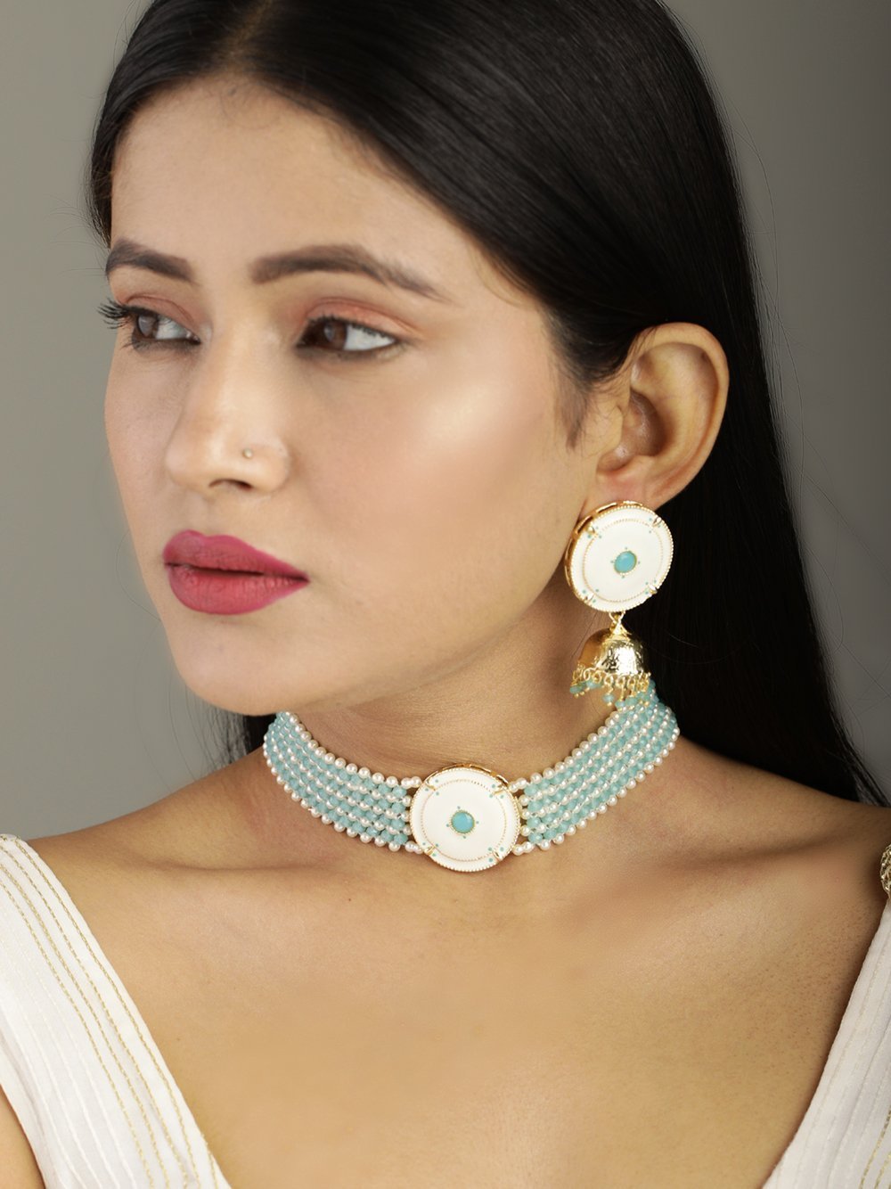 Women's Blue White Beaded Stones Gold Plated Choker - Priyaasi