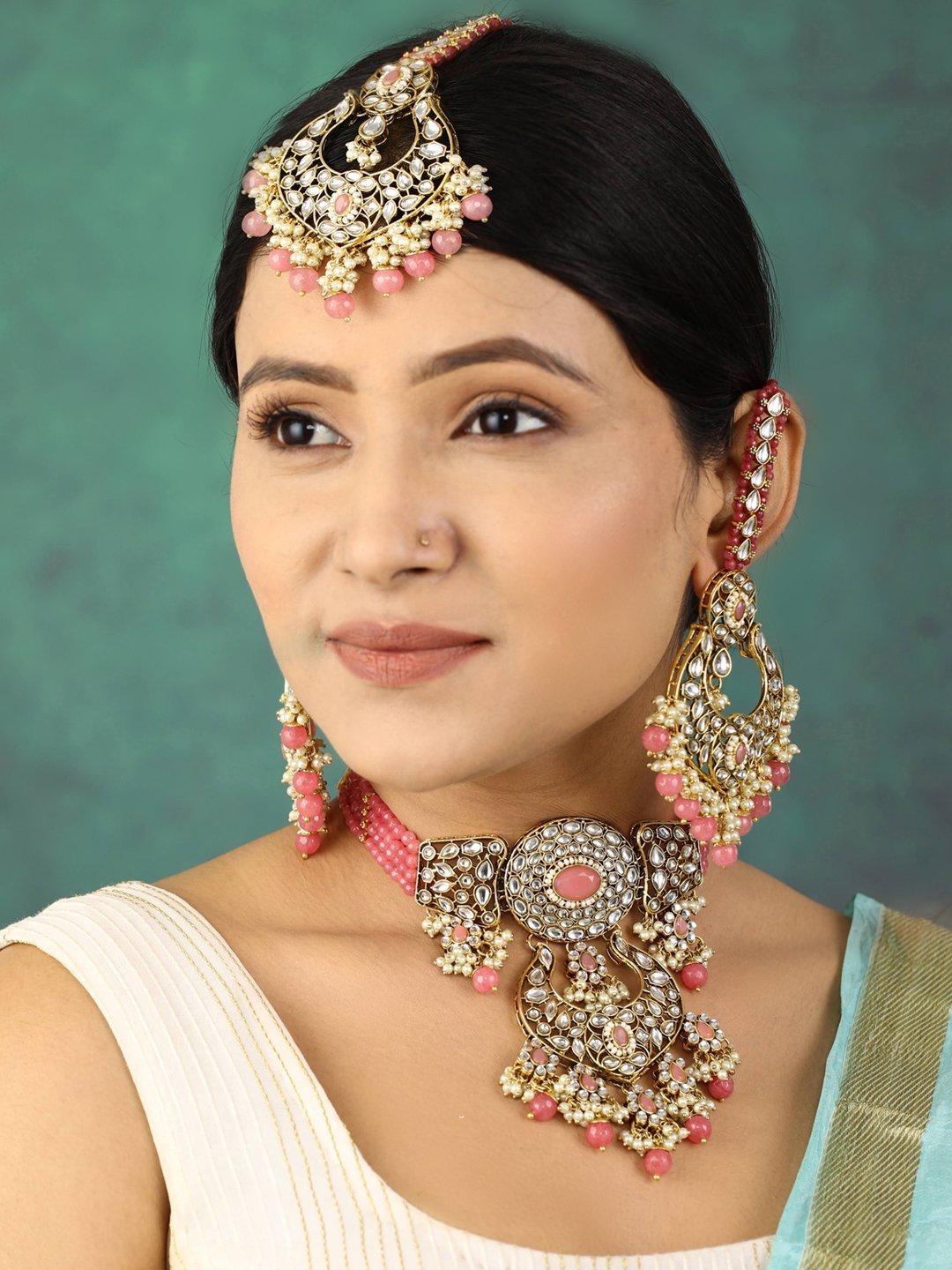 Women's Pink Pearls Beads Kundan Gold Plated Traditional MaangTika Choker - Priyaasi