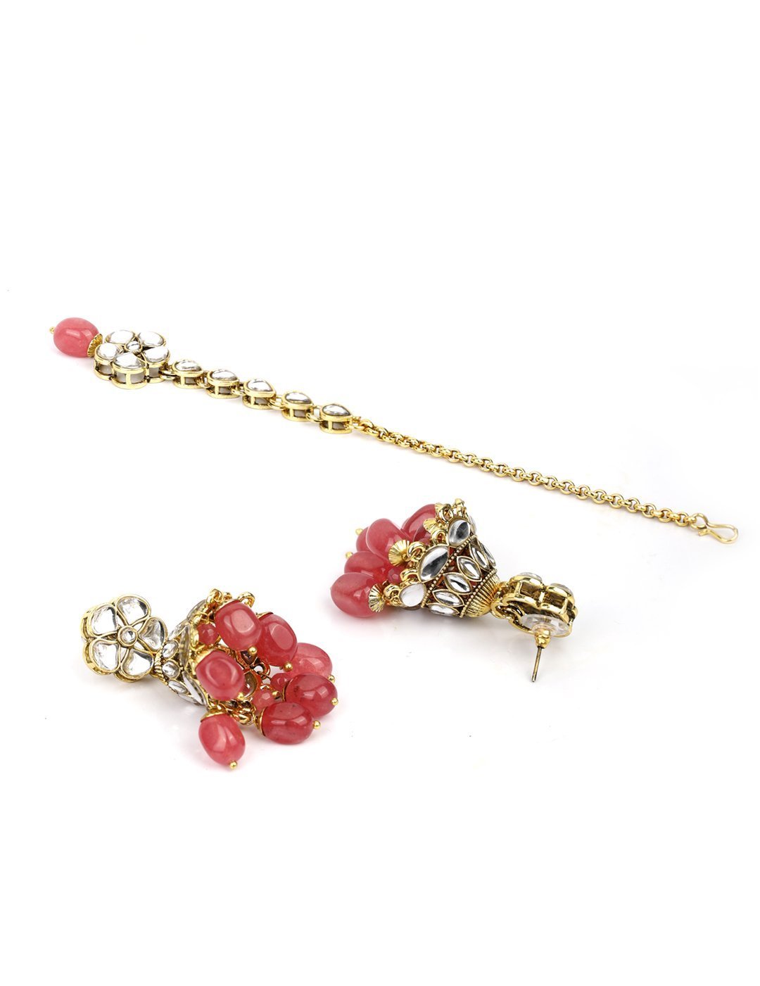 Women's Pink Beads Ruby Kundan Gold Plated Traditional MaangTika Jewellery Set - Priyaasi