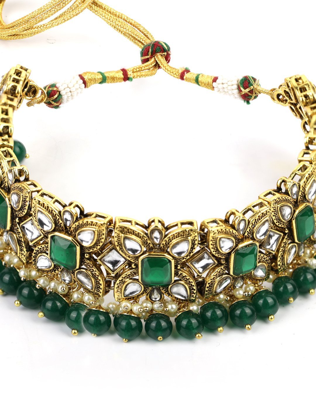 Women's Green Stones Emerald Beads Kundan Gold Plated Traditional Maang Tika Choker - Priyaasi