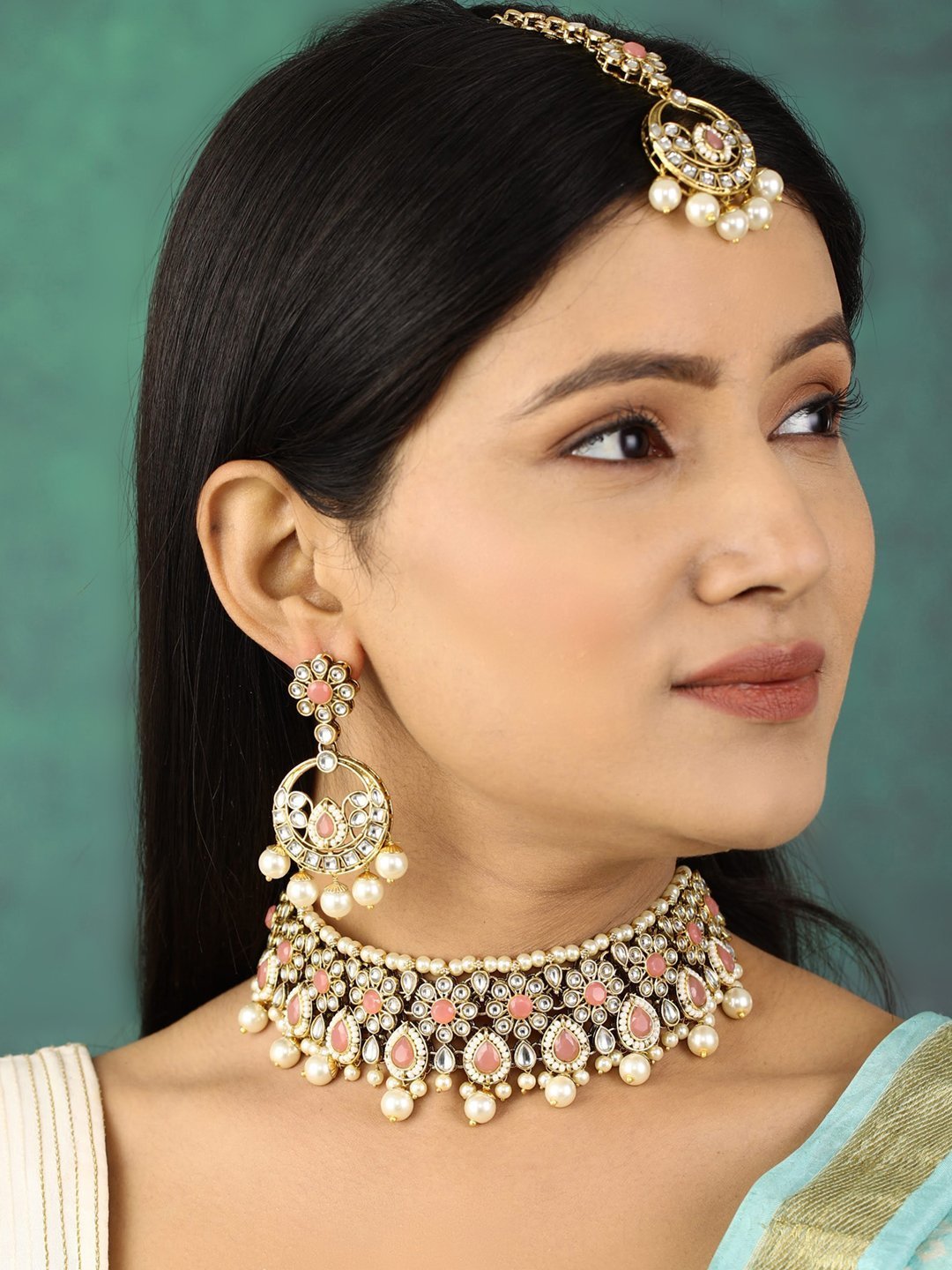 Women's Pink Stone Kundan Pearls Beads Gold Plated Traditional Earrings, MaangTika, and Choker by Priyaasi