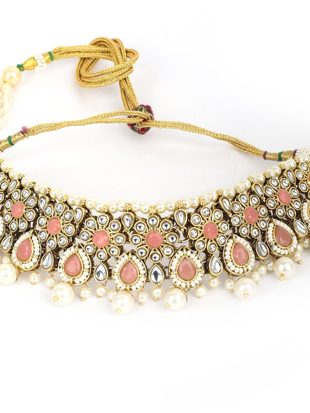 Women's Pink Stone Kundan Pearls Beads Gold Plated Traditional Earrings, MaangTika, and Choker by Priyaasi