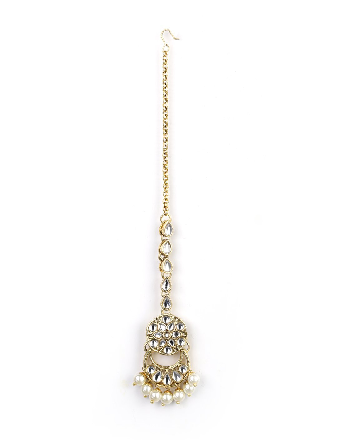 Women's White Beads Kundan Pearls Gold Plated Traditional MaangTika Jewellery Set - Priyaasi