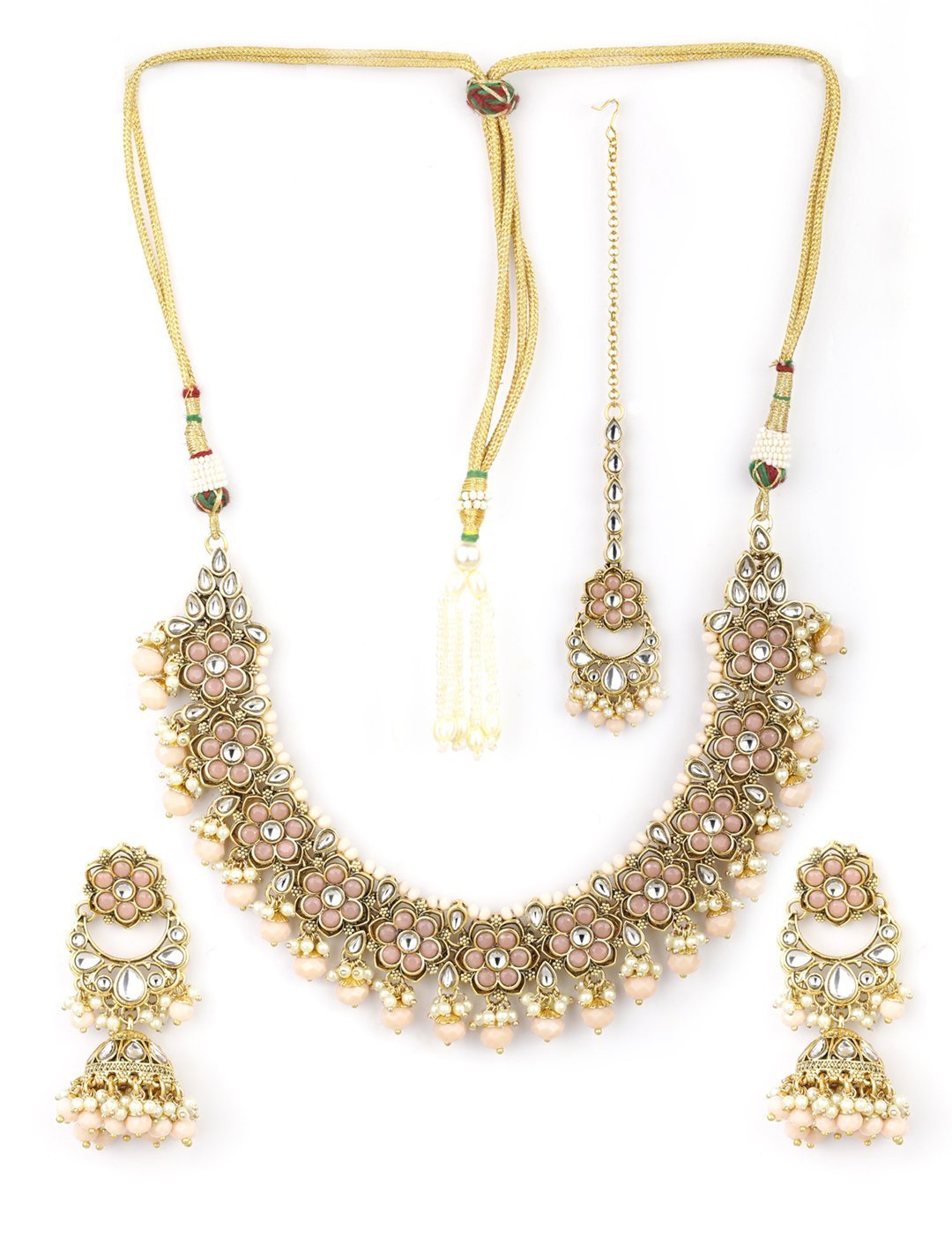 Women's Peach Beads Pearls Kundan Gold Plated Floral Traditional MaangTika Jewellery Set - Priyaasi