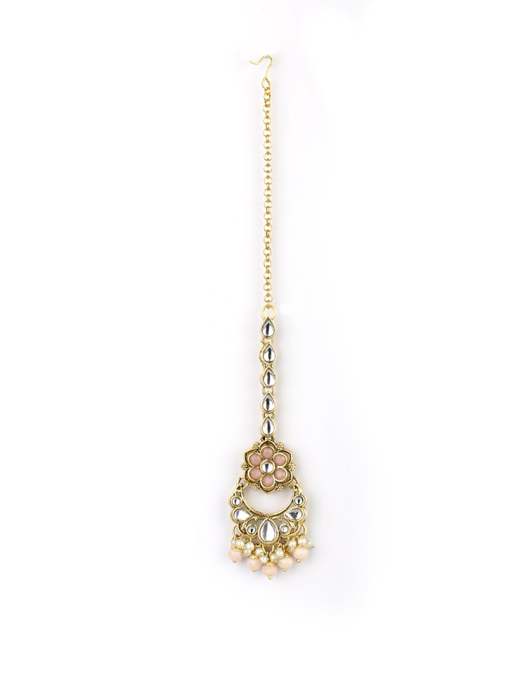 Women's Peach Beads Pearls Kundan Gold Plated Floral Traditional MaangTika Jewellery Set - Priyaasi